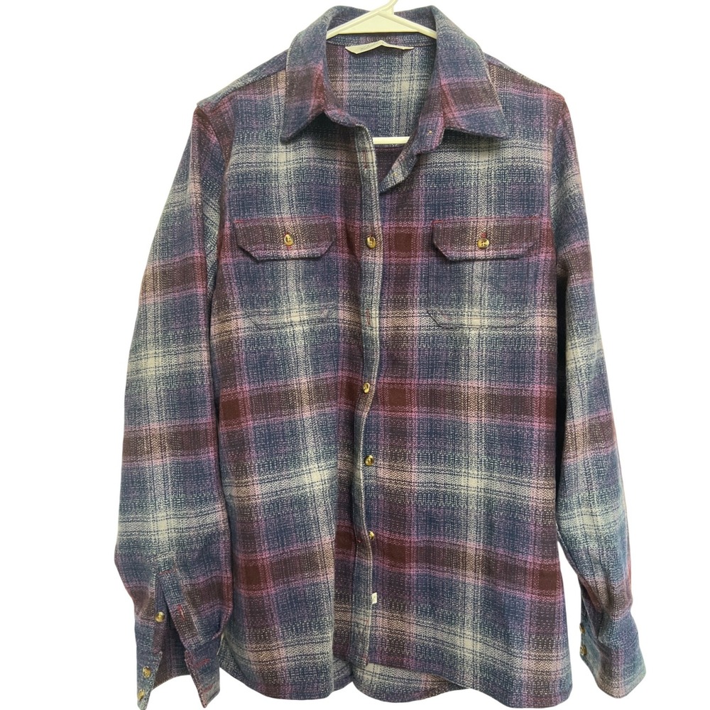 Woolrich Womens Purple Blue Plaid 100% Wool Flannel Shirt L Lumberjack Rustic - Picture 2 of 10